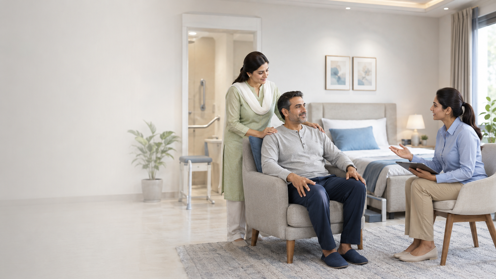 Assessment-guided neurological support scene with user, caregiver, consultant, seating support, bathroom safety, and home mobility planning.