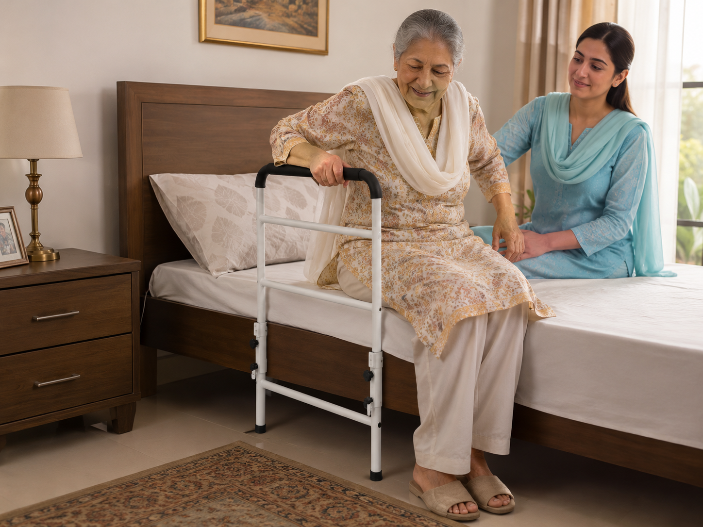 Home safety support system with bedside safety rail